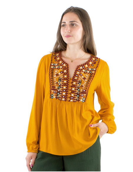 Blusa viscosa twill bordada espejos busto