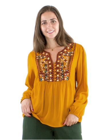 Blusa viscosa twill bordada espejos busto