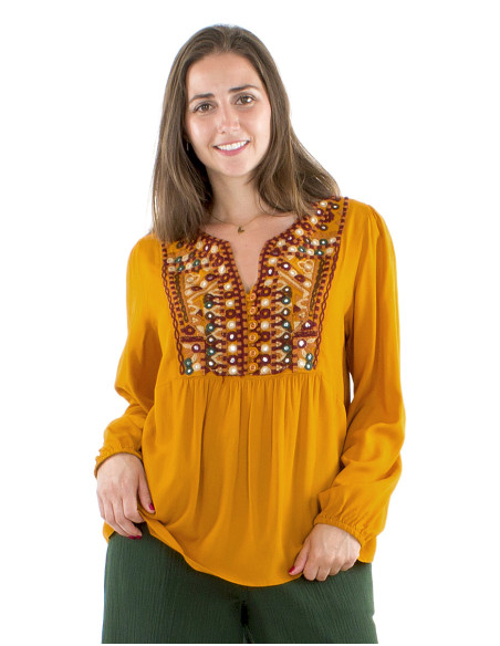 Blusa viscosa twill bordada espejos busto