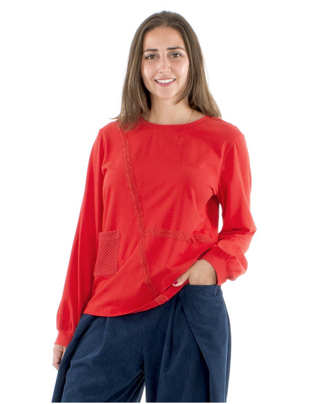 Camiseta algodon mangas largas encaje